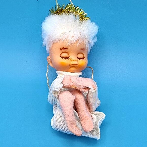 Vintage 1950s Shabby Pixie Angel Ornament Felt Knee Hugger Tinsel Sleepy Eyes - Picture 7 of 9